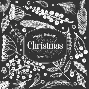 Christmas banner template. Vector hand drawn illustrations on chalk board. Gr Stock Illustration