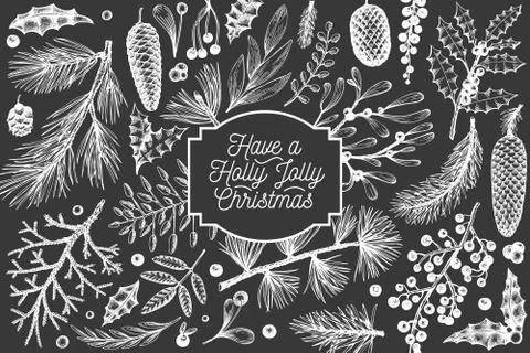 Christmas banner template. Vector hand drawn illustrations on chalk board. Gr Stock Illustration
