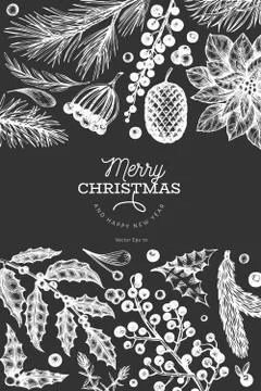 Christmas banner template. Vector hand drawn illustrations on chalk board. Gr Stock Illustration