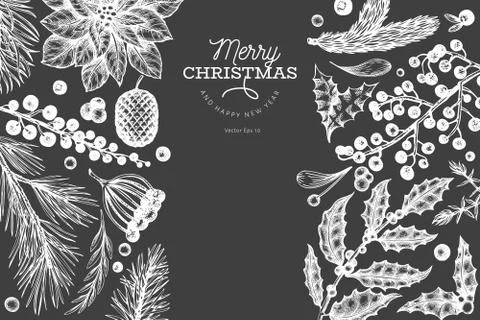 Christmas banner template. Vector hand drawn illustrations on chalk board. Gr Stock Illustration