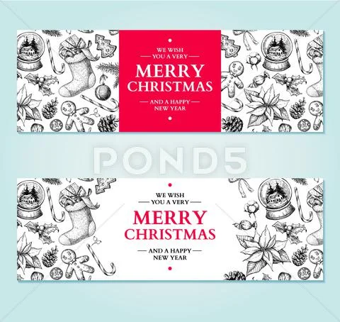 Christmas banner. Vector hand drawn illustration Xmas plants and Stock Illustration