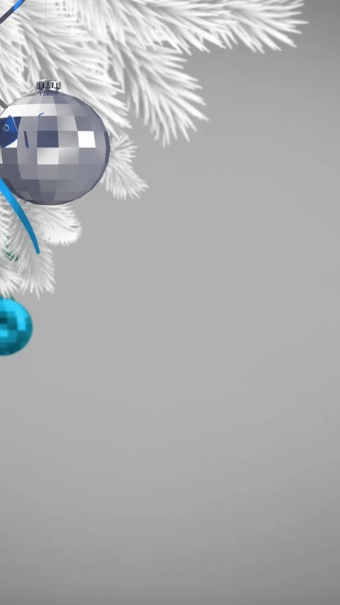 Christmas bauble and star decorations hanging on white christmas tree branch Stock Footage 342996537