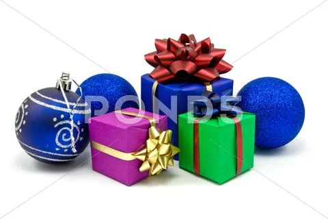 Christmas baubles and gifts boxes Stock Photos