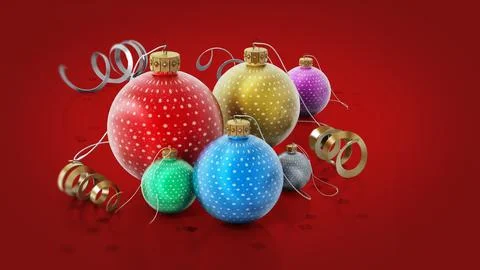 Christmas baubles isolated on red background. 3D illustration Illustrazione stock