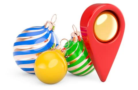 Christmas baubles with map pointer. 3D rendering 库存插图