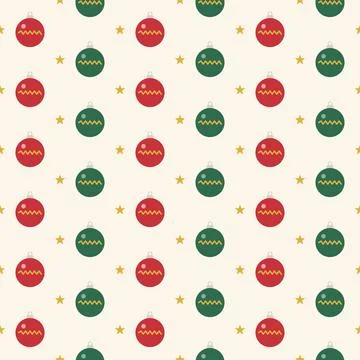 Christmas baubles seamless pattern with red and green ornaments and golden stars Stock Illustration