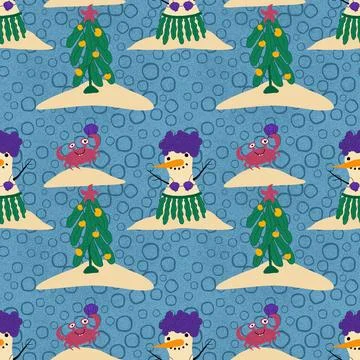 Christmas on the beach seamless snowman and sand pattern for wrapping paper Stock-Illustration