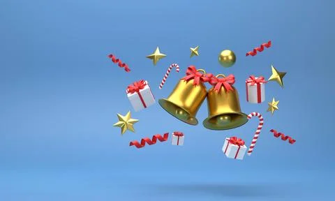 Christmas bell and gift box in the celebration of christmas on a blue backg.. Stock Illustration
