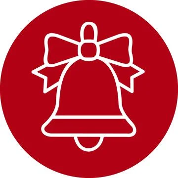 Christmas Bell Vector Icon with Bow in Bright Red Circle Badge Stock Illustration