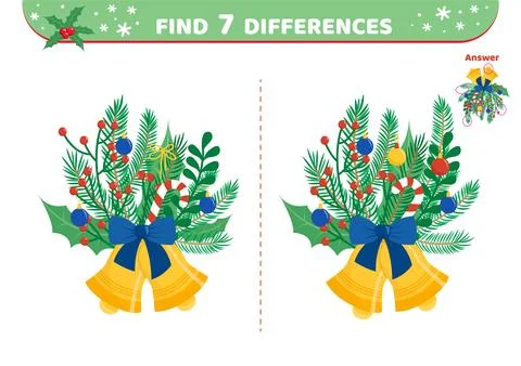Christmas bells. Find 7 differences. Game. Flat, cartoon, vector Stock Illustration