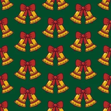 Christmas bells seamless pattern. Bells with red bow tie ribbon on green color Stock Illustration