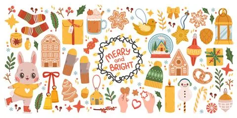 Christmas big set of elements with cookies, houses, presents, sweater, fur tree Stockillustratie