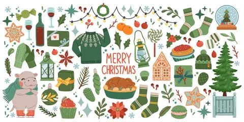 Christmas big set of elements with cookies, houses, presents, sweater, fur tree Stock Illustration