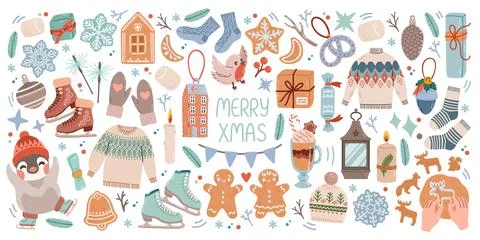 Christmas big set of elements with cookies, houses, presents, sweater, fur tree Stockillustratie