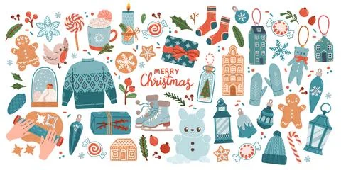 Christmas big set of elements with cookies, houses, presents, sweater, fur tree Stock Illustration