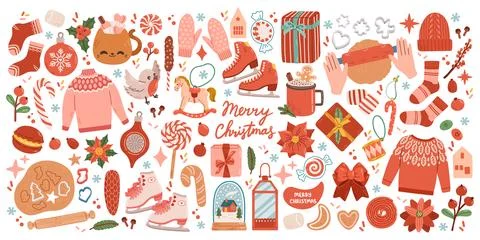 Christmas big set of elements with cookies, houses, presents, sweater, fur tree Stockillustratie