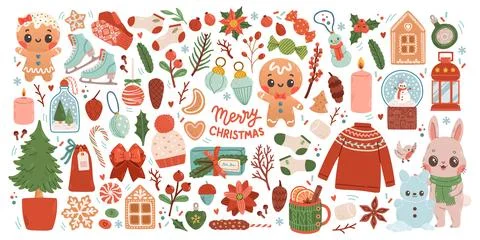 Christmas big set of elements with cookies, houses, presents, sweater, fur tree Stock Illustration