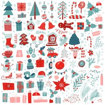 Christmas big set of festive elements. Snowman, candle, balls, gift boxes, fir Stock Illustration
