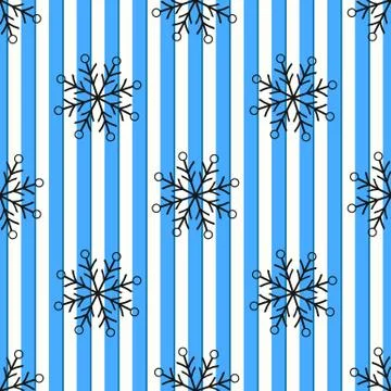 Christmas black snowflake seamless pattern. Black snow on blue white lines ba Stock Illustration