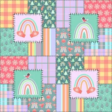 Christmas Boho Rainbow Patchwork Style Seamless Pattern Stock Illustration
