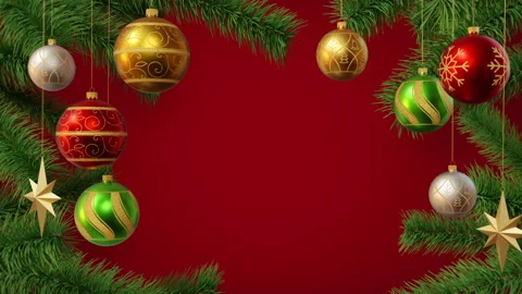 Christmas border, decorative pine frame appearing, red background Видео 165905676