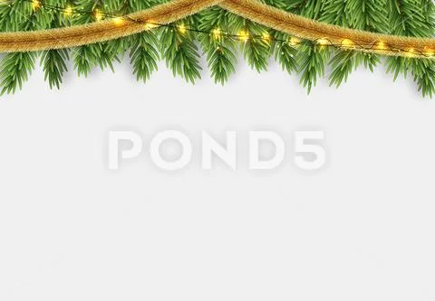 Christmas border with fir branches, string lights garland and gold tinsel. Stock Illustration