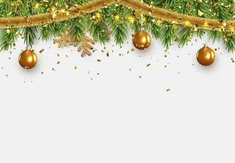 Christmas border with fir branches, string lights garland and gold tinsel, .. Stock Illustration