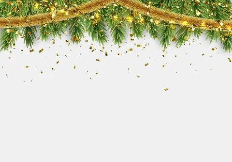Christmas border with fir branches, string lights garland and gold tinsel. Stock Illustration