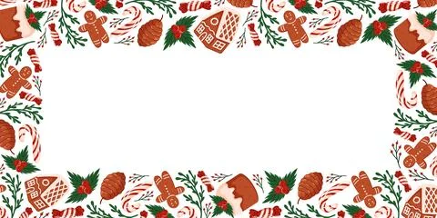 Christmas border frame with gingerbread man, house, candy cane, pinecone, holly Stock Illustration