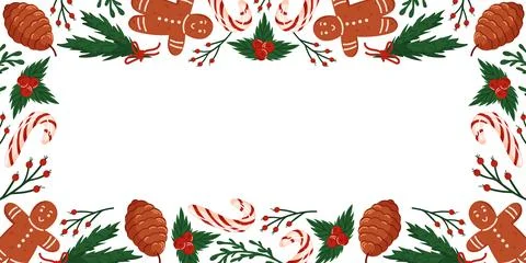 Christmas border frame with gingerbread man, candy cane, pinecone, holly berry イラスト素材