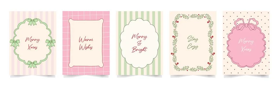 Christmas border frames set. Hand drawn whimsical lines with bows and ribbo.. Stock Illustration