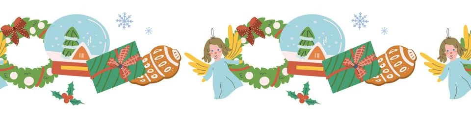 Christmas border pattern with festive decorations and toys. Illustrazione stock