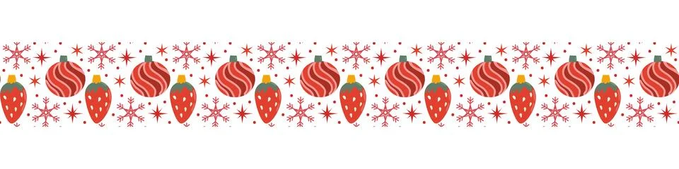 Christmas border pattern with festive elements - red strawberry baubles Illustrazione stock
