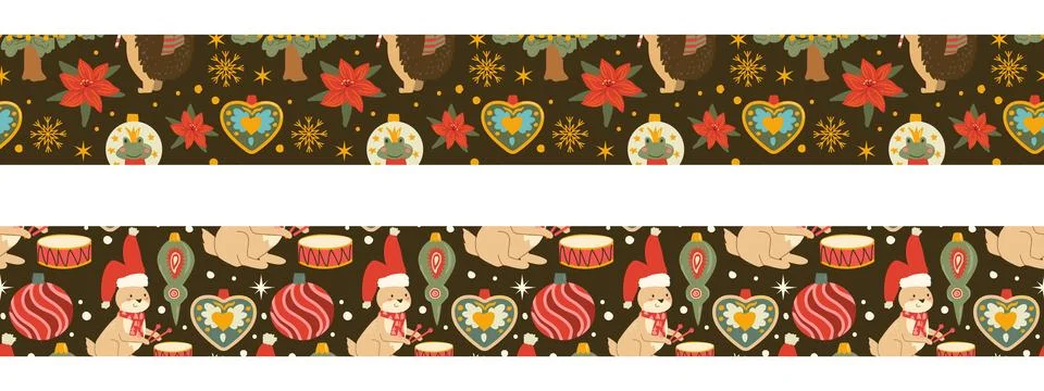 Christmas border pattern with festive ornaments and bunny in Santa hat. Stock Illustration
