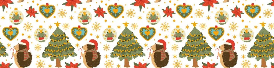 Christmas border pattern with festive ornaments and hedgehog in Santa hat. Ilustración de archivo
