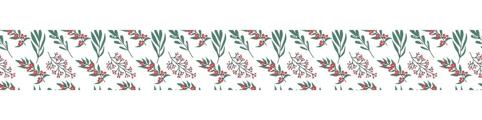 Christmas border pattern with winter plants. Cartoon flat illustration Stock Illustration