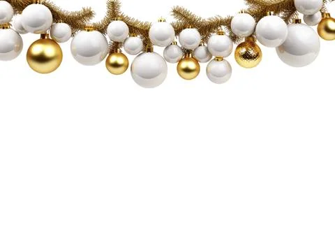 Christmas Border with Pine Branches and Gold Ornaments on Red Background Stock Illustration