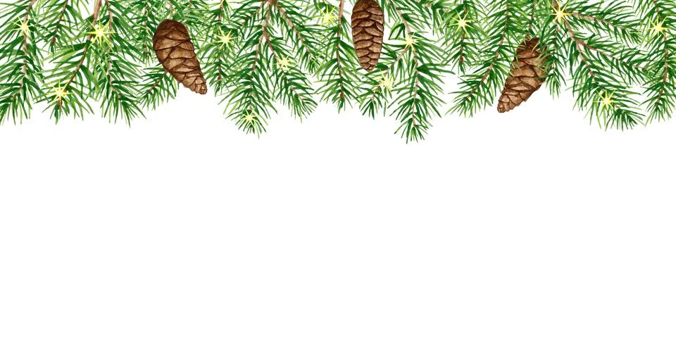 Christmas Border, Pine frame with branches, pine cones and lights Stock Illustration