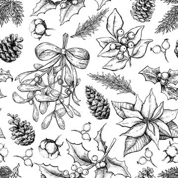 Christmas botanical seamless pattern. Hand drawn vector backgrou Stock Illustration