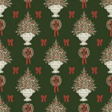Christmas Bow Evergreen Seamless Pattern Vector Stock Illustration