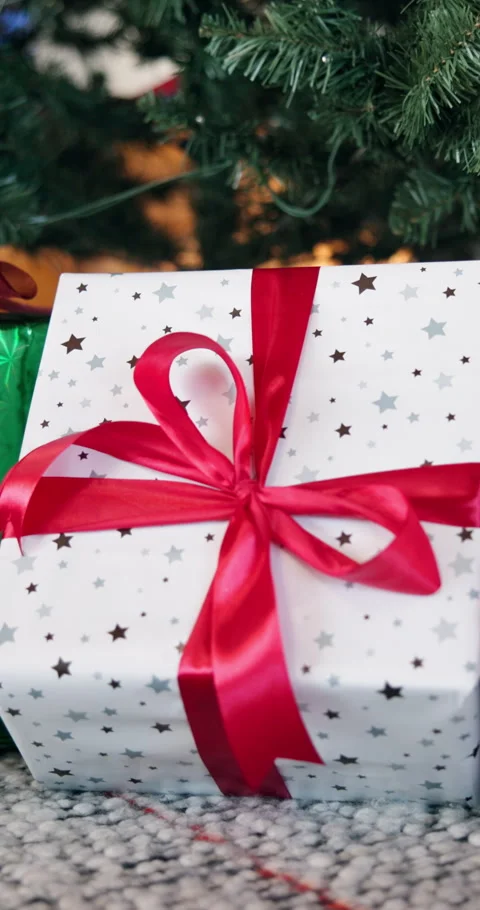 Christmas, box and gift with tree in home for festive celebration, santa Stock Footage 323358728
