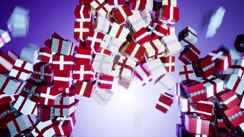 Christmas boxes falling into screen frame. Fill display with holiday present Stock Footage 251986387