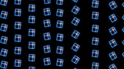 Christmas boxes flying in lines with grid moving in black background. Winter 스톡 동영상 251483401