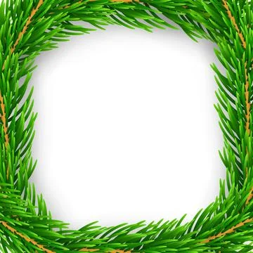 Christmas branch frame 3D. Green garland border isolated on white background Stock Illustration