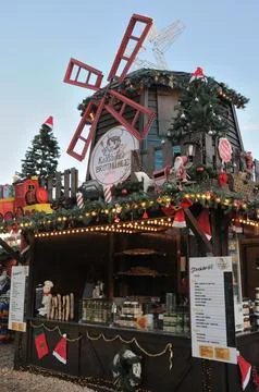 Christmas bread mill stall with snacks and treats Stock Photos