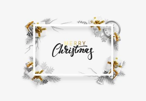 Christmas bright background with silver decorations. Xmas greeting card. Happ Stock Illustration