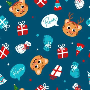 Christmas bright seamless pattern in cartoon style. Tiger symbol of Chinese New Stock Illustration
