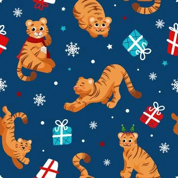Christmas bright seamless pattern in cartoon style. Tiger symbol of Chinese N Illustrazione stock