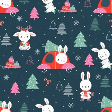 Christmas bunny seamless pattern. Winter snow bunnies print, holiday xmas babies Stock Illustration