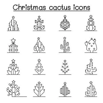 Christmas cactus icon set in thin line style Stock Illustration